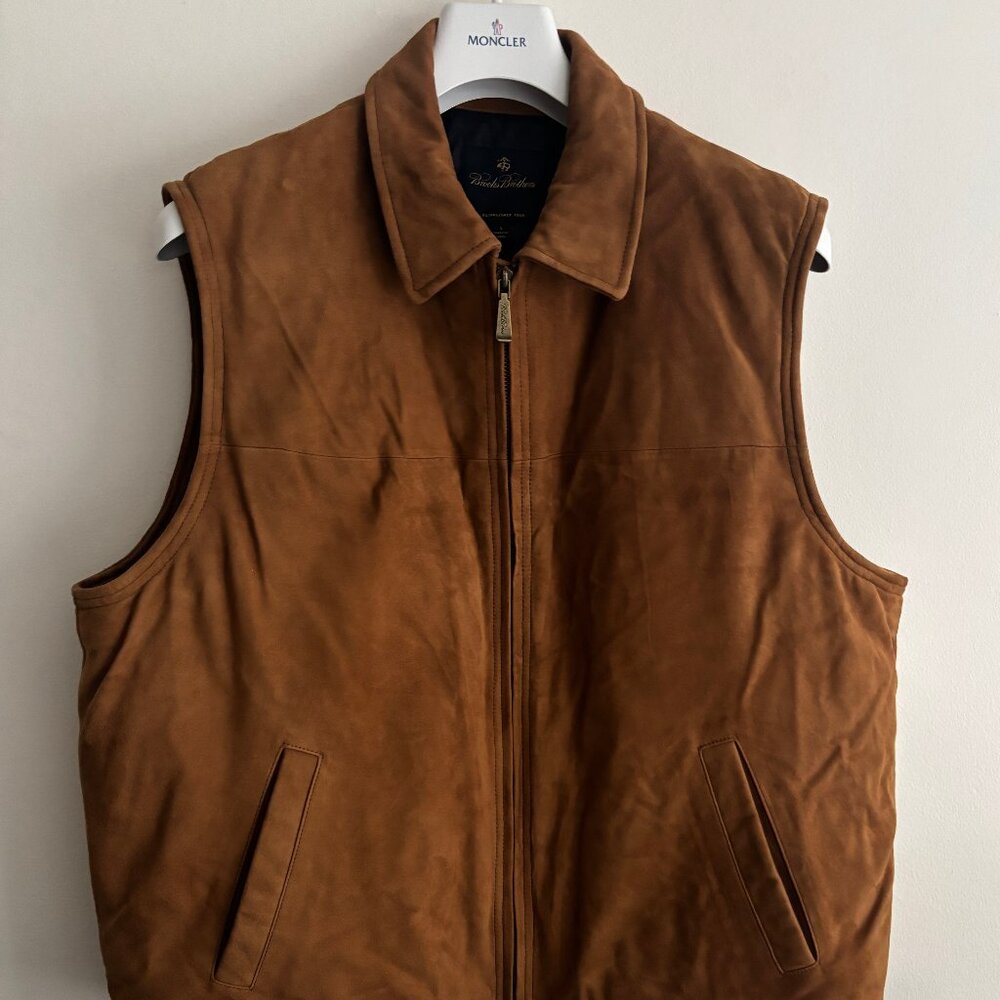 $995 Brooks Brothers Zippered Tan/ Brown Suede Leather Down Vest - Large